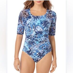 Shape Solver 16 NWT Zen Garden blue white print one piece swimsuit